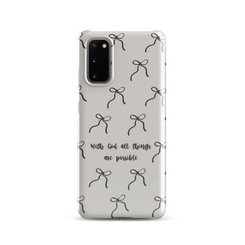 Neutral Christian Samsung phone case with black bow pattern and With God All Things Are Possible quote