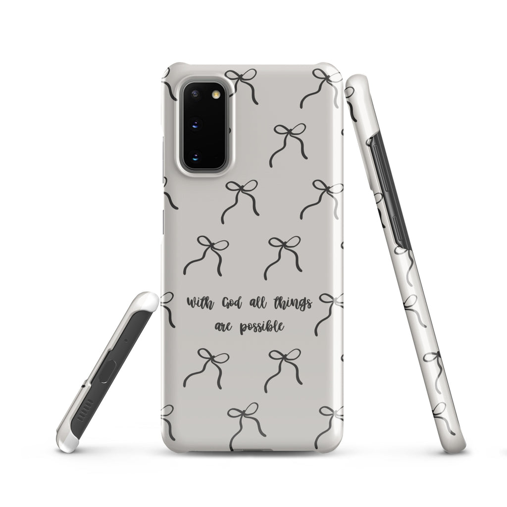Neutral Christian Samsung phone case with black bow pattern and With God All Things Are Possible quote