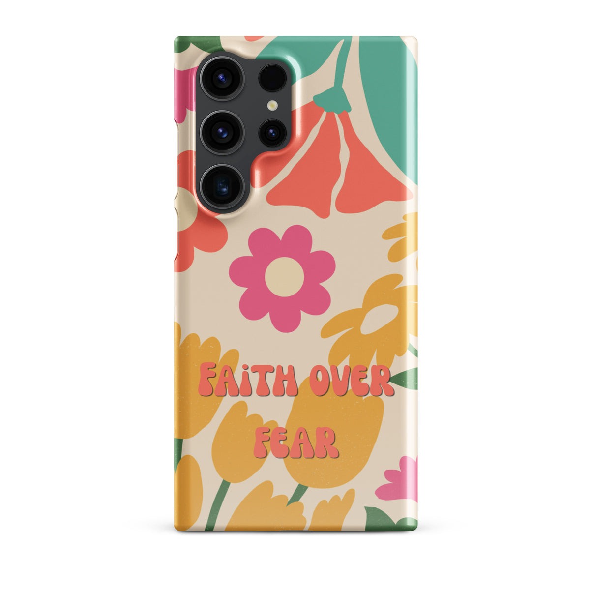 Faith Over Fear Christian Samsung phone case with colorful retro floral design