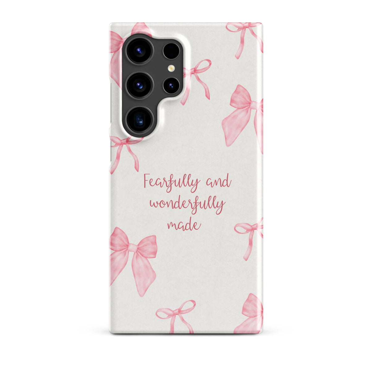 Pink bow Christian Samsung phone case with Fearfully and Wonderfully Made design