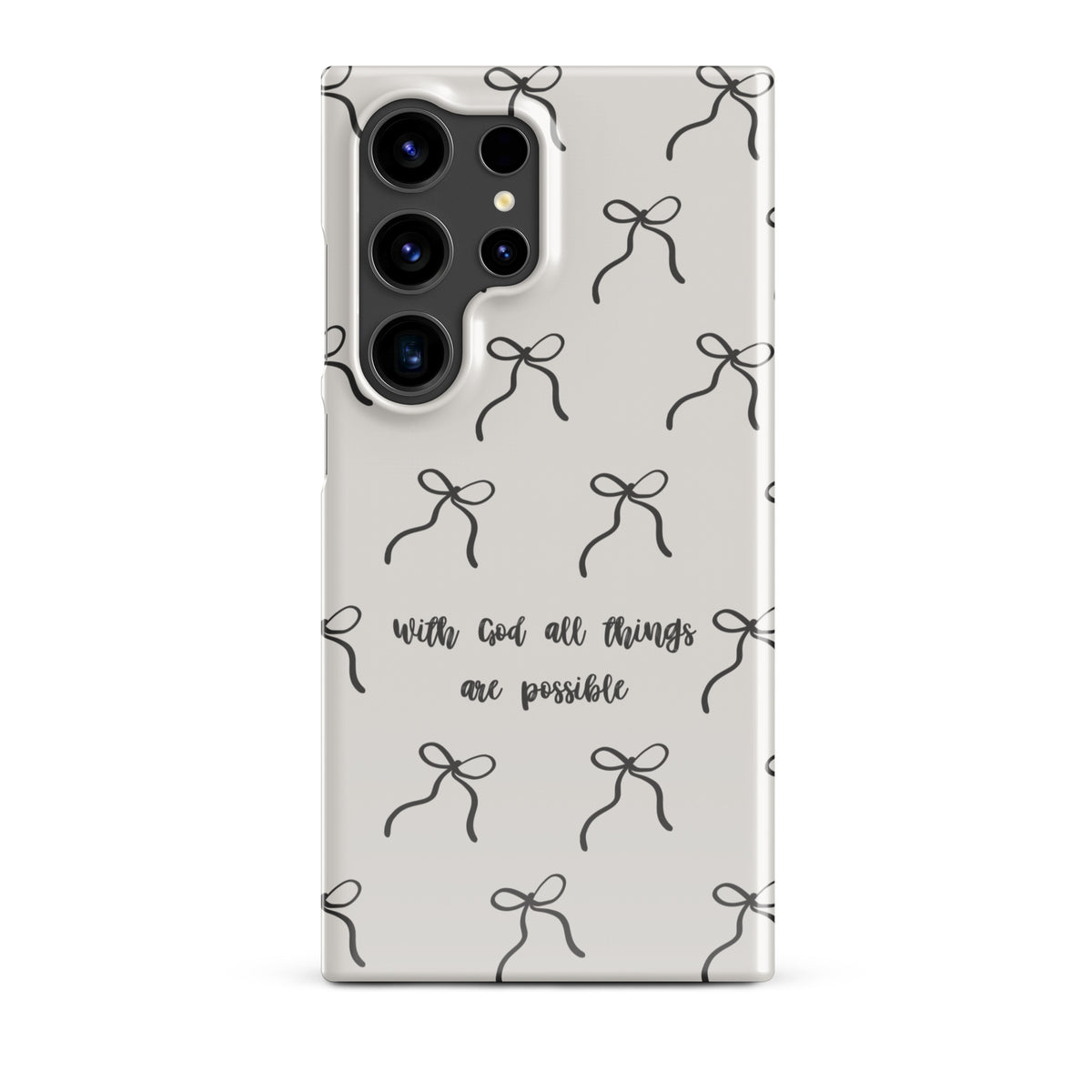 Neutral Christian Samsung phone case with black bow pattern and With God All Things Are Possible quote