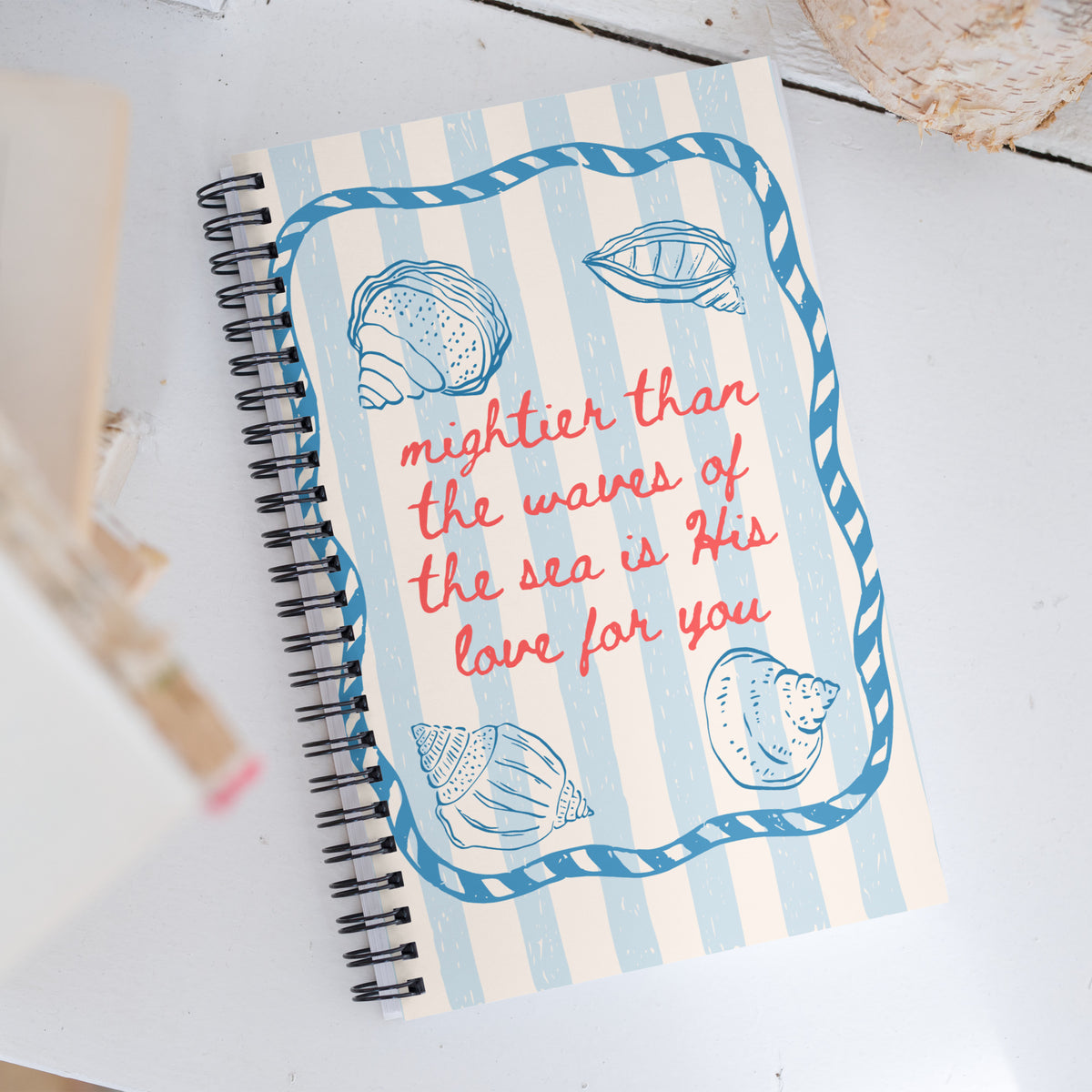 Mightier Than the Waves Christian spiral notebook – Psalm 93:4 coastal faith journal