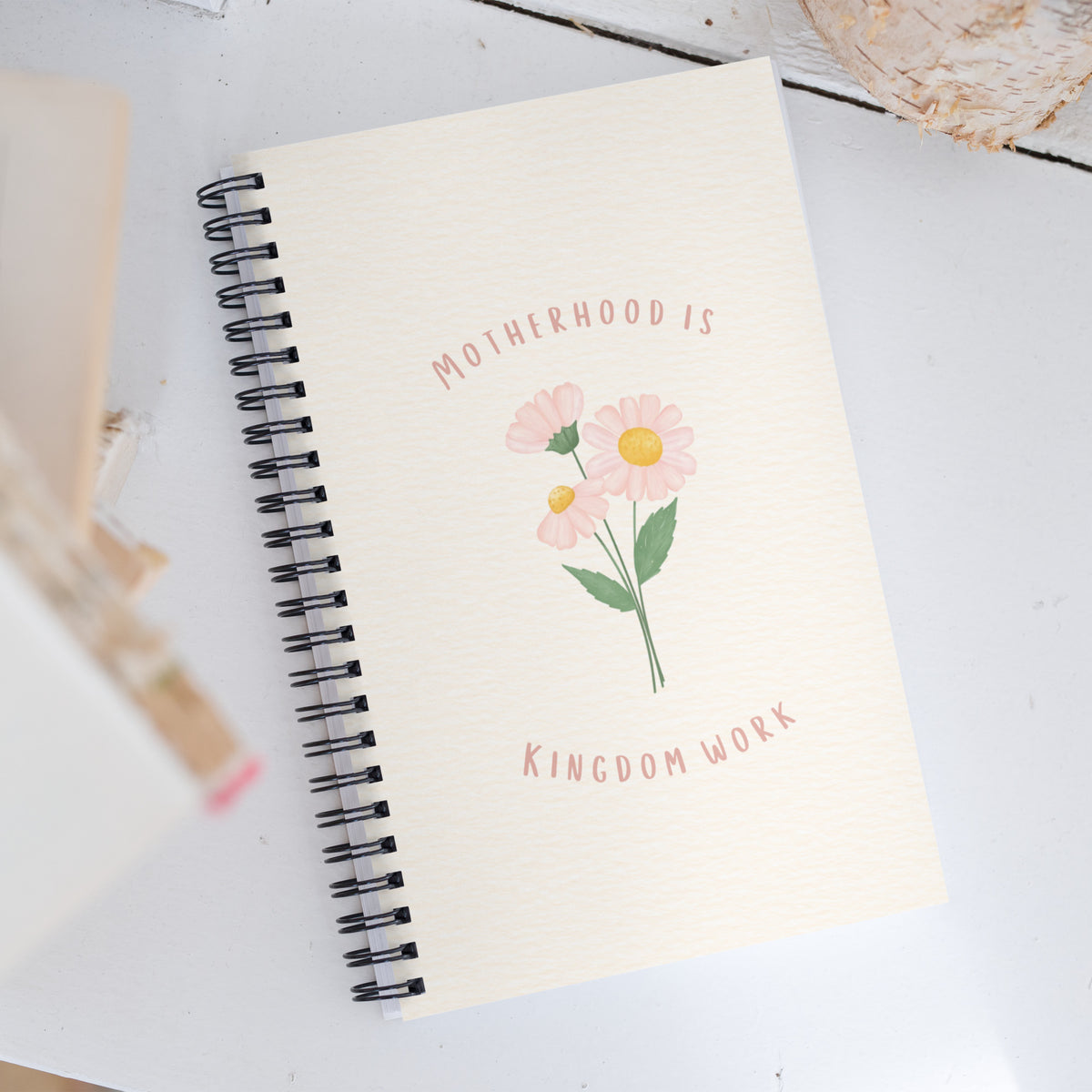 Motherhood is Kingdom Work Christian spiral notebook with pink floral design