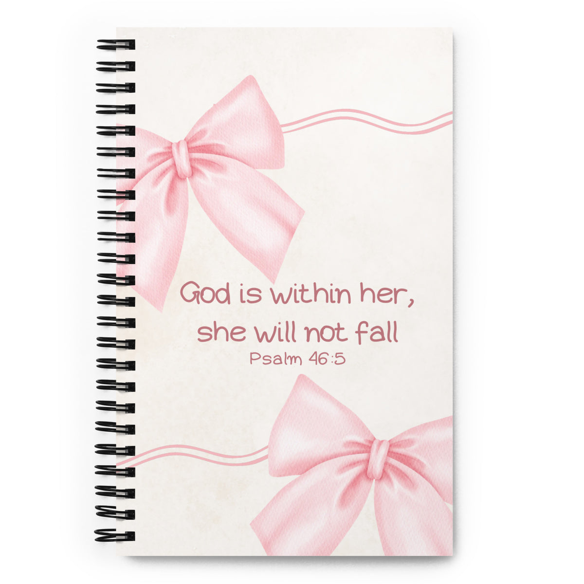 Pink bow Christian spiral notebook with Psalm 46:5 God is within her design