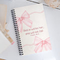 Pink bow Christian spiral notebook with Psalm 46:5 God is within her design