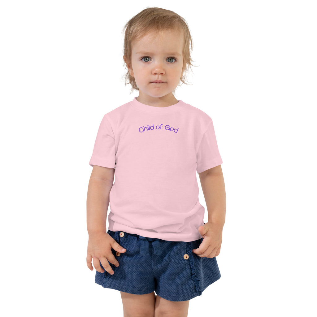 Child of God pink Christian toddler t-shirt with purple embroidery