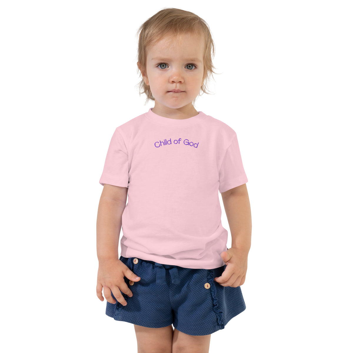 Child of God pink Christian toddler t-shirt with purple embroidery