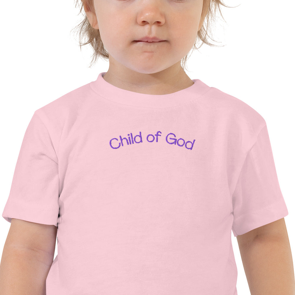 Child of God pink Christian toddler t-shirt with purple embroidery