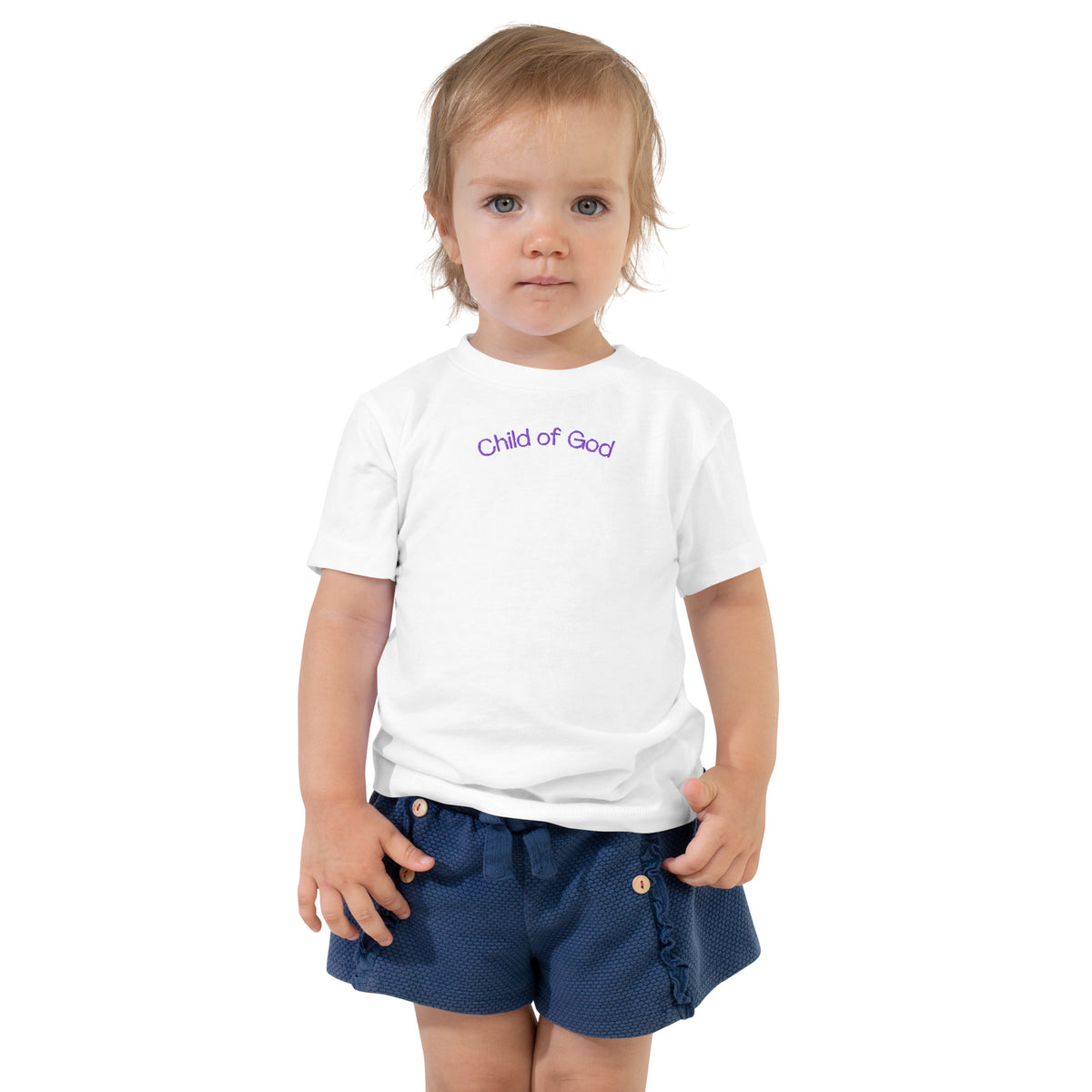 Child of God white Christian toddler t-shirt with purple embroidery