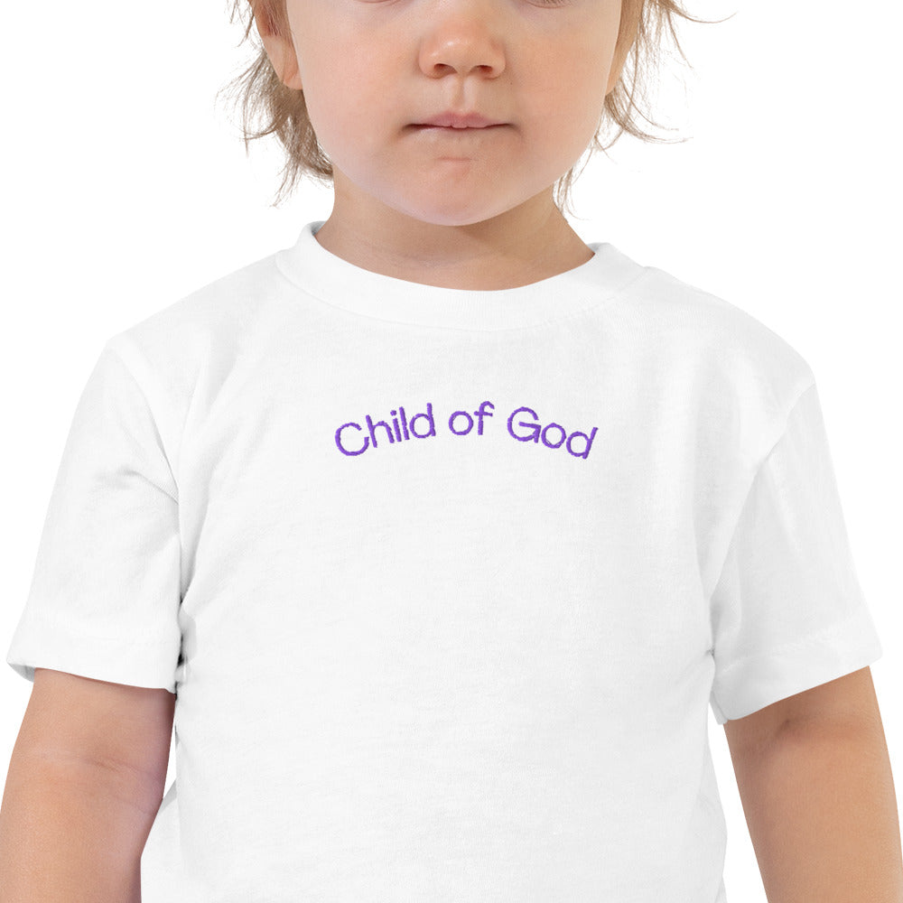 Child of God white Christian toddler t-shirt with purple embroidery
