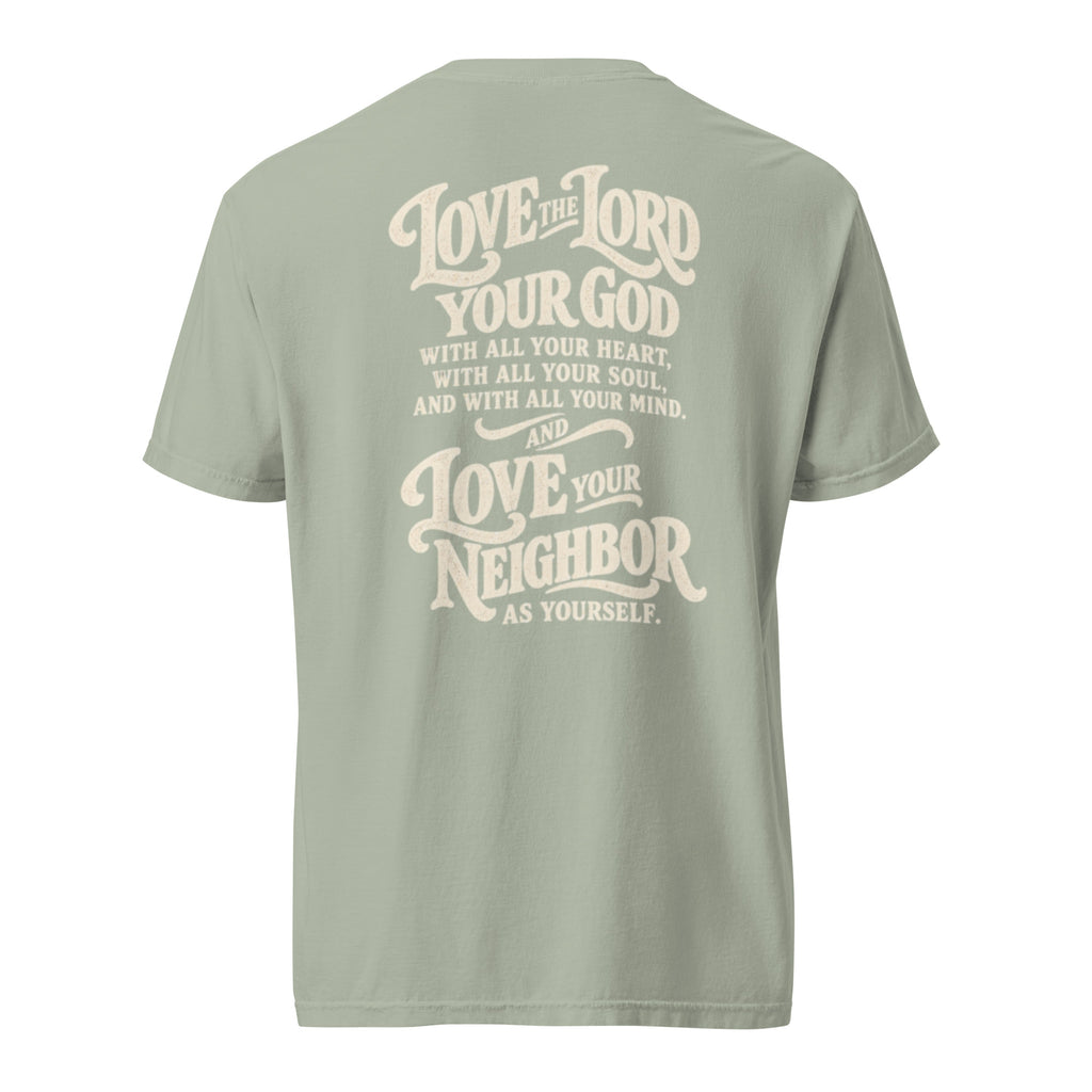 Light green Comfort Colors Christian t-shirt with “Love God Love People” printed on the front chest and Matthew 22:37–39 inspired scripture design on the back.