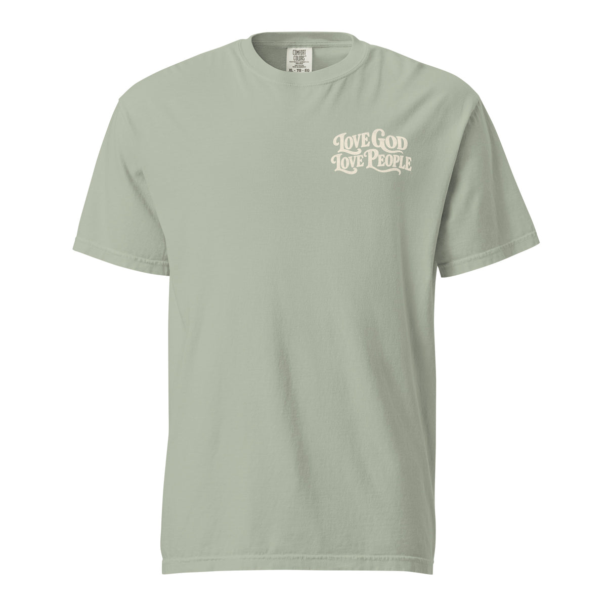 Green Comfort Colors Christian t-shirt with “Love God Love People” printed on the front chest and Matthew 22:37–39 inspired scripture design on the back.