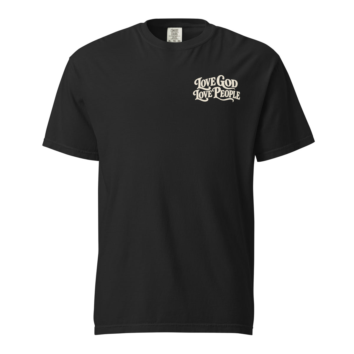 Black Comfort Colors Christian t-shirt with “Love God Love People” printed on the front chest and Matthew 22:37–39 inspired scripture design on the back.