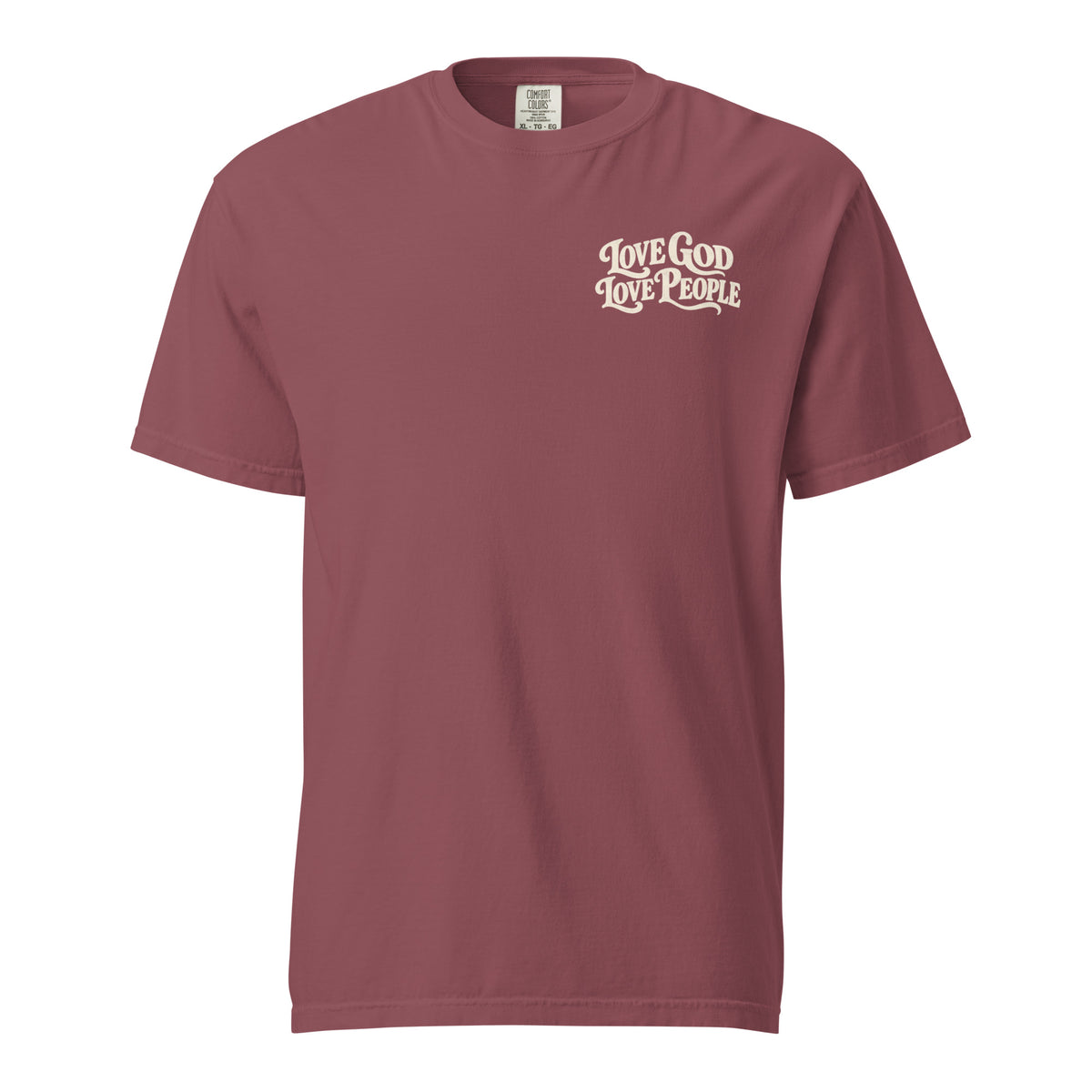 Maroon Comfort Colors Christian t-shirt with “Love God Love People” printed on the front chest and Matthew 22:37–39 inspired scripture design on the back.