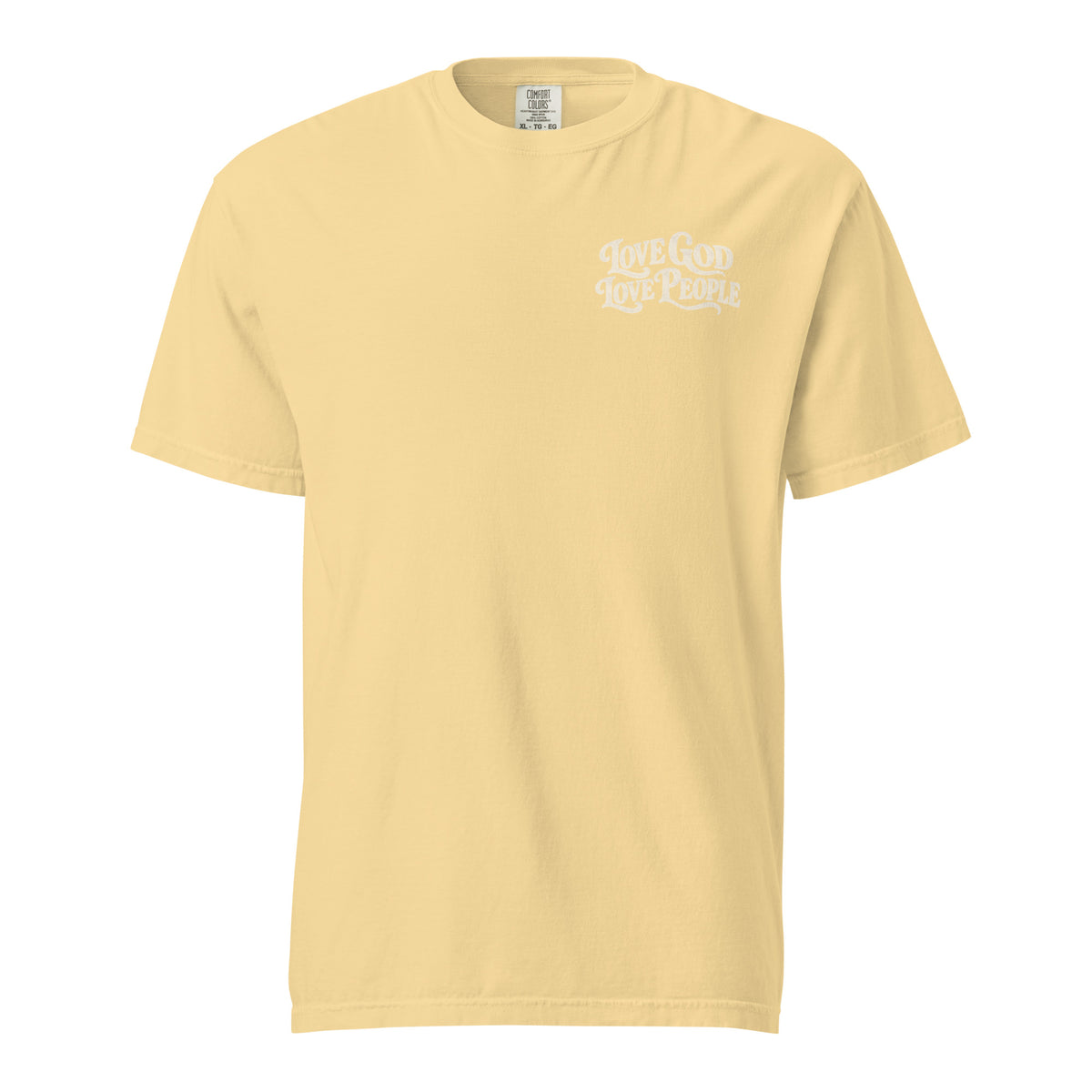 Muted yellow Comfort Colors Christian t-shirt with “Love God Love People” printed on the front chest and Matthew 22:37–39 inspired scripture design on the back.