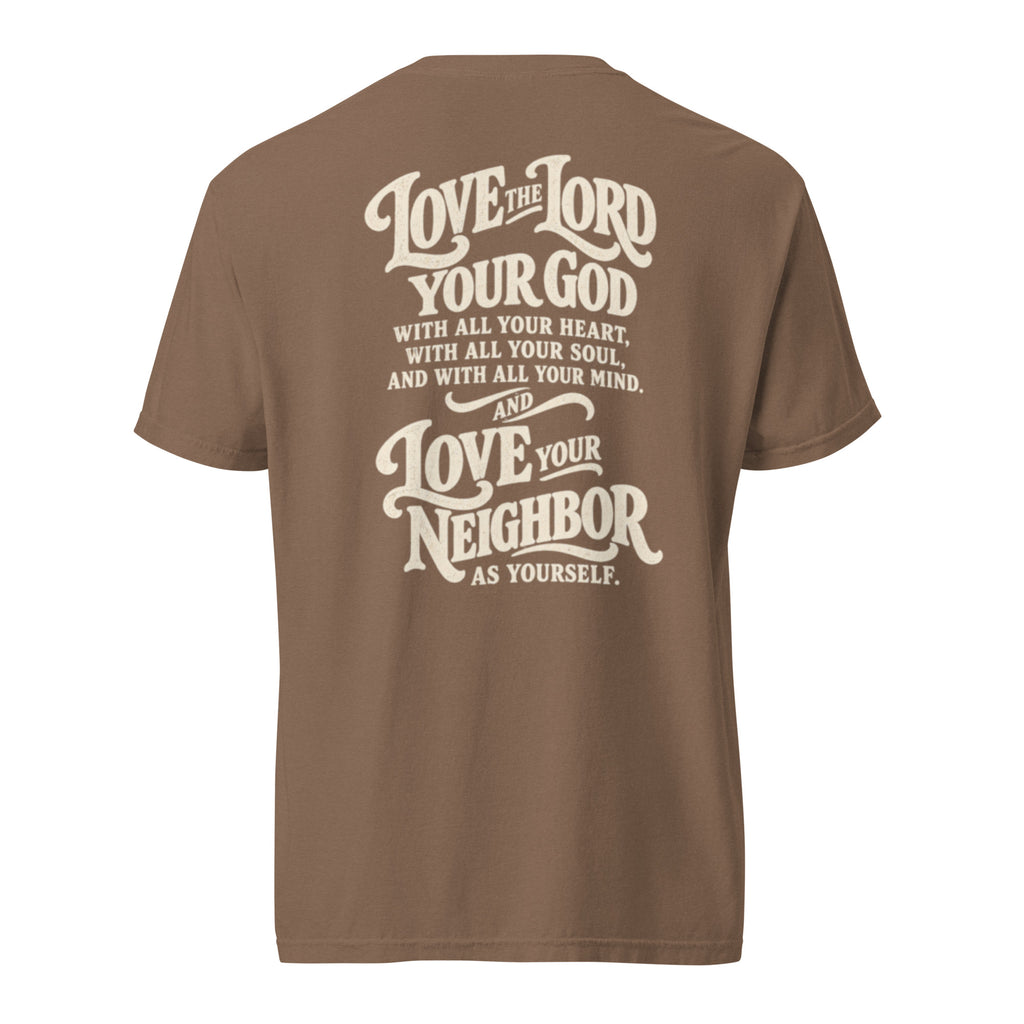 Brown Comfort Colors Christian t-shirt with “Love God Love People” printed on the front chest and Matthew 22:37–39 inspired scripture design on the back.