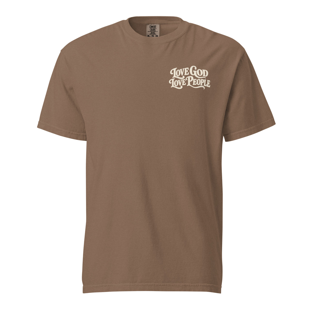 Brown Comfort Colors Christian t-shirt with “Love God Love People” printed on the front chest and Matthew 22:37–39 inspired scripture design on the back.