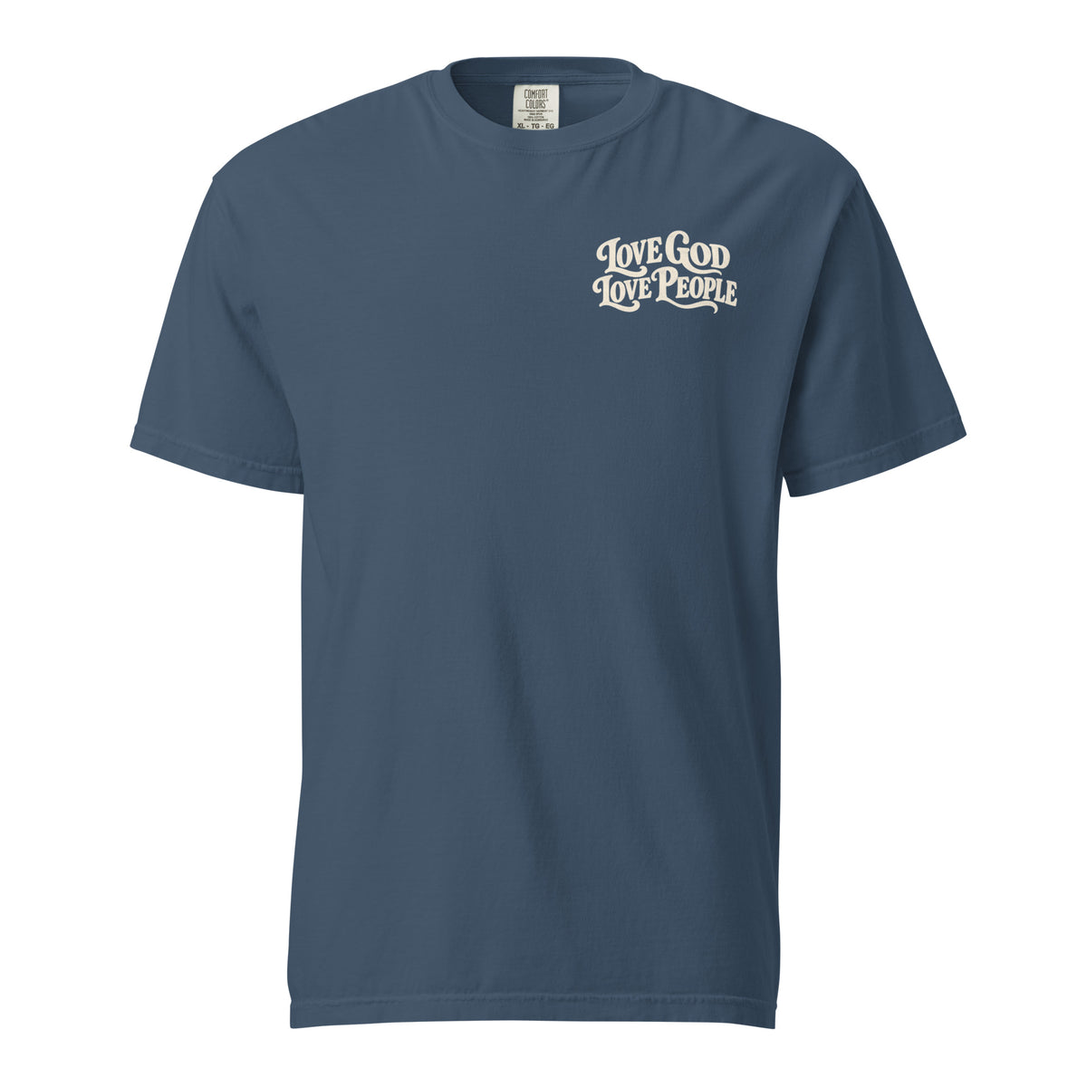 Blue Comfort Colors Christian t-shirt with “Love God Love People” printed on the front chest and Matthew 22:37–39 inspired scripture design on the back.
