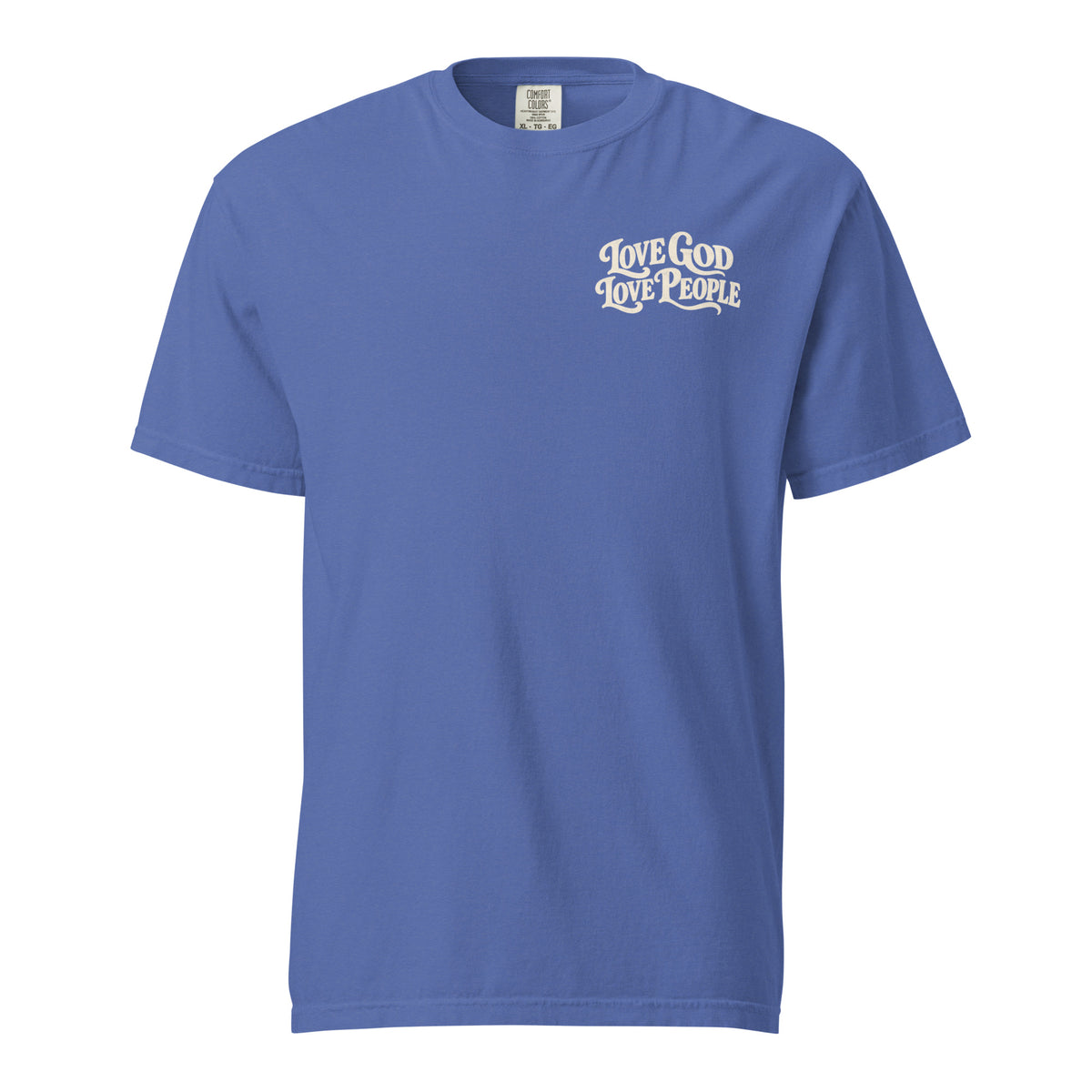 Blue Comfort Colors Christian t-shirt with “Love God Love People” printed on the front chest and Matthew 22:37–39 inspired scripture design on the back.