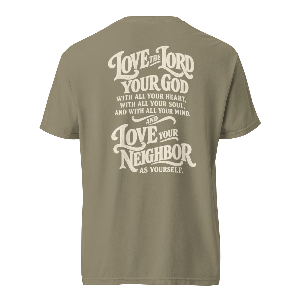 Green Comfort Colors Christian t-shirt with “Love God Love People” printed on the front chest and Matthew 22:37–39 inspired scripture design on the back.