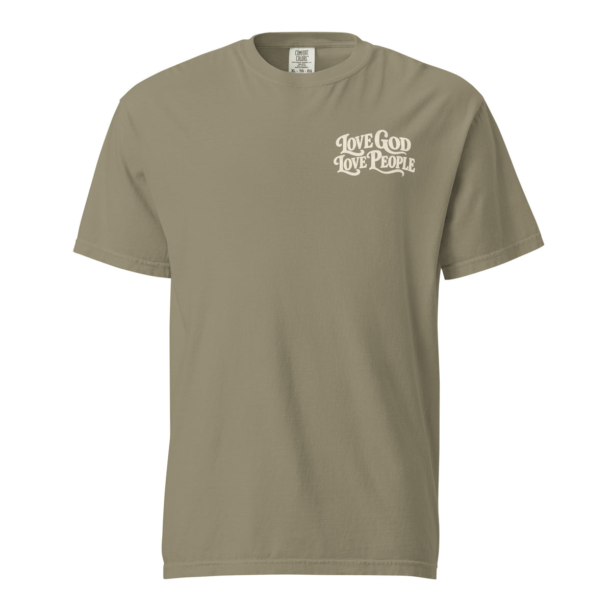 Green Comfort Colors Christian t-shirt with “Love God Love People” printed on the front chest and Matthew 22:37–39 inspired scripture design on the back.