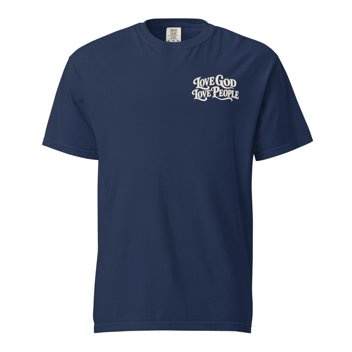 Navy blue Comfort Colors Christian t-shirt with “Love God Love People” printed on the front chest and Matthew 22:37–39 inspired scripture design on the back.