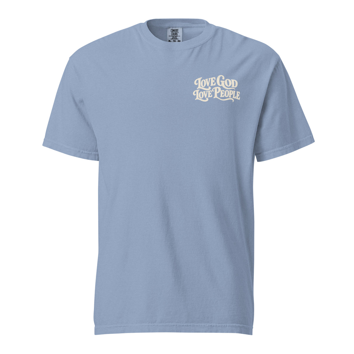 Light blue Comfort Colors Christian t-shirt with “Love God Love People” printed on the front chest and Matthew 22:37–39 inspired scripture design on the back.