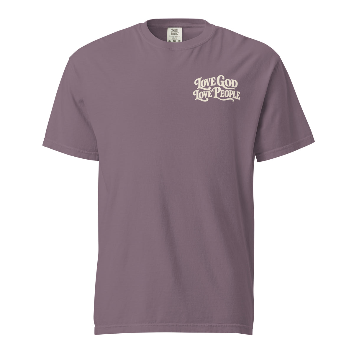 Muted purple Comfort Colors Christian t-shirt with “Love God Love People” printed on the front chest and Matthew 22:37–39 inspired scripture design on the back.
