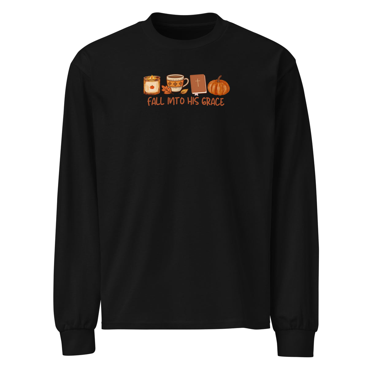 Fall Into His Grace Christian fall long sleeve shirt with Bible, coffee and pumpkin design