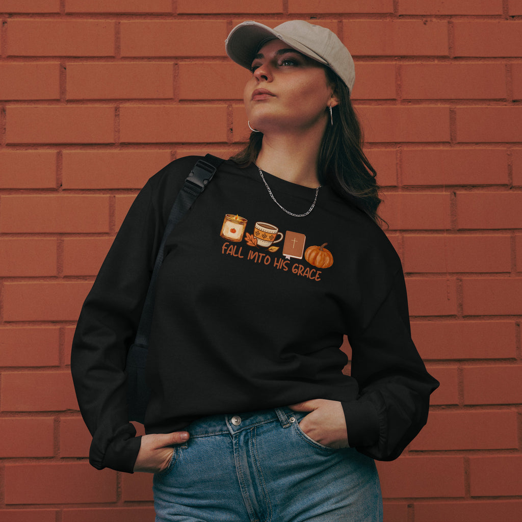 Fall Into His Grace Christian fall long sleeve shirt with Bible, coffee and pumpkin design