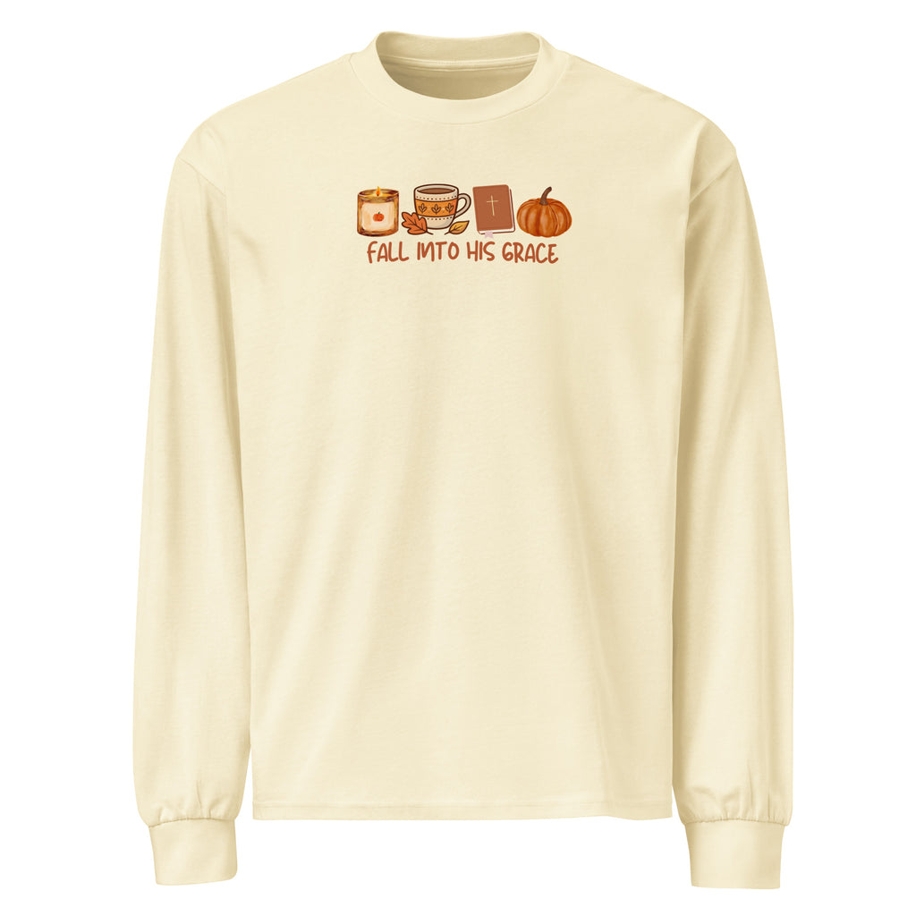 Fall Into His Grace Christian fall long sleeve shirt with Bible, coffee and pumpkin design