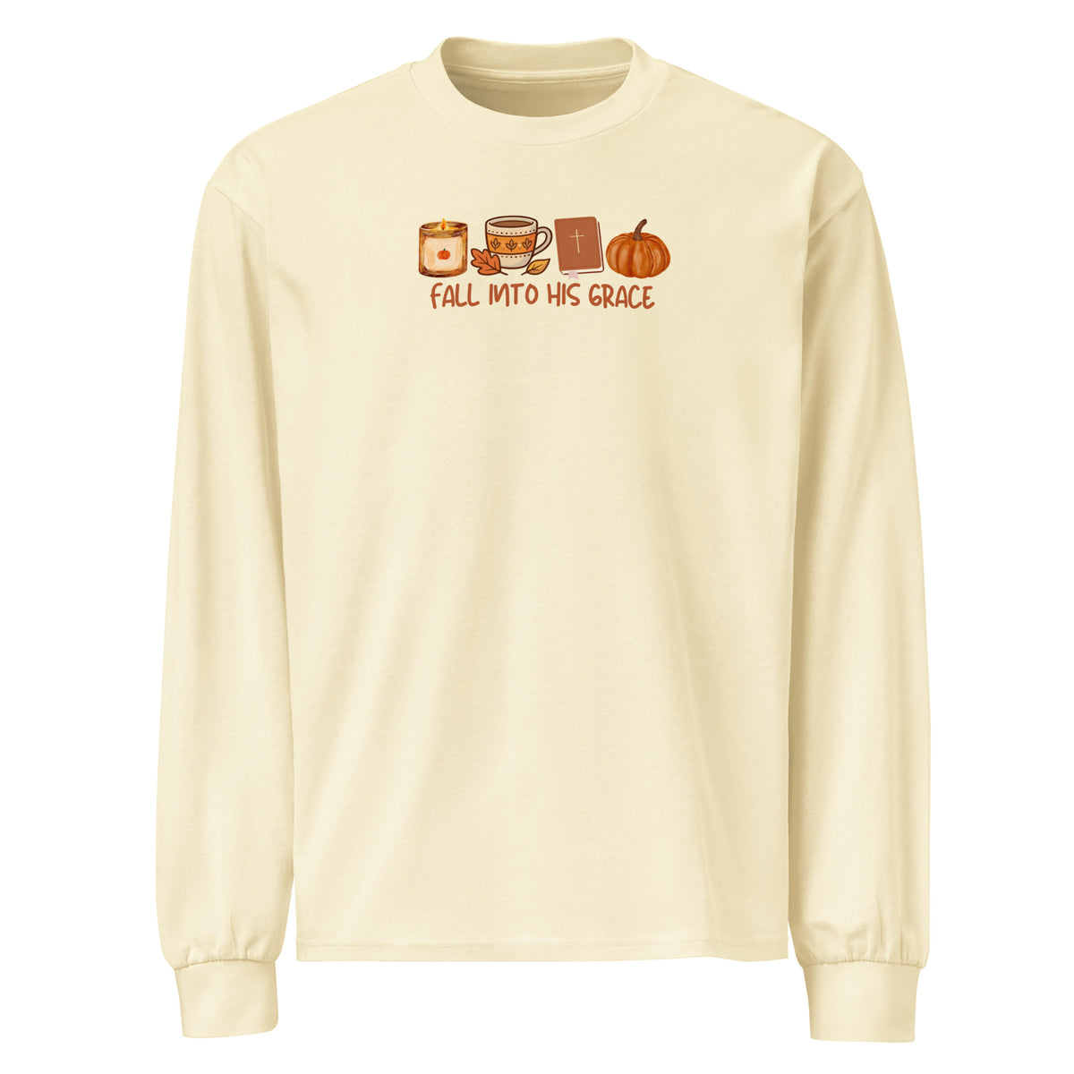 Fall Into His Grace Christian fall long sleeve shirt with Bible, coffee and pumpkin design