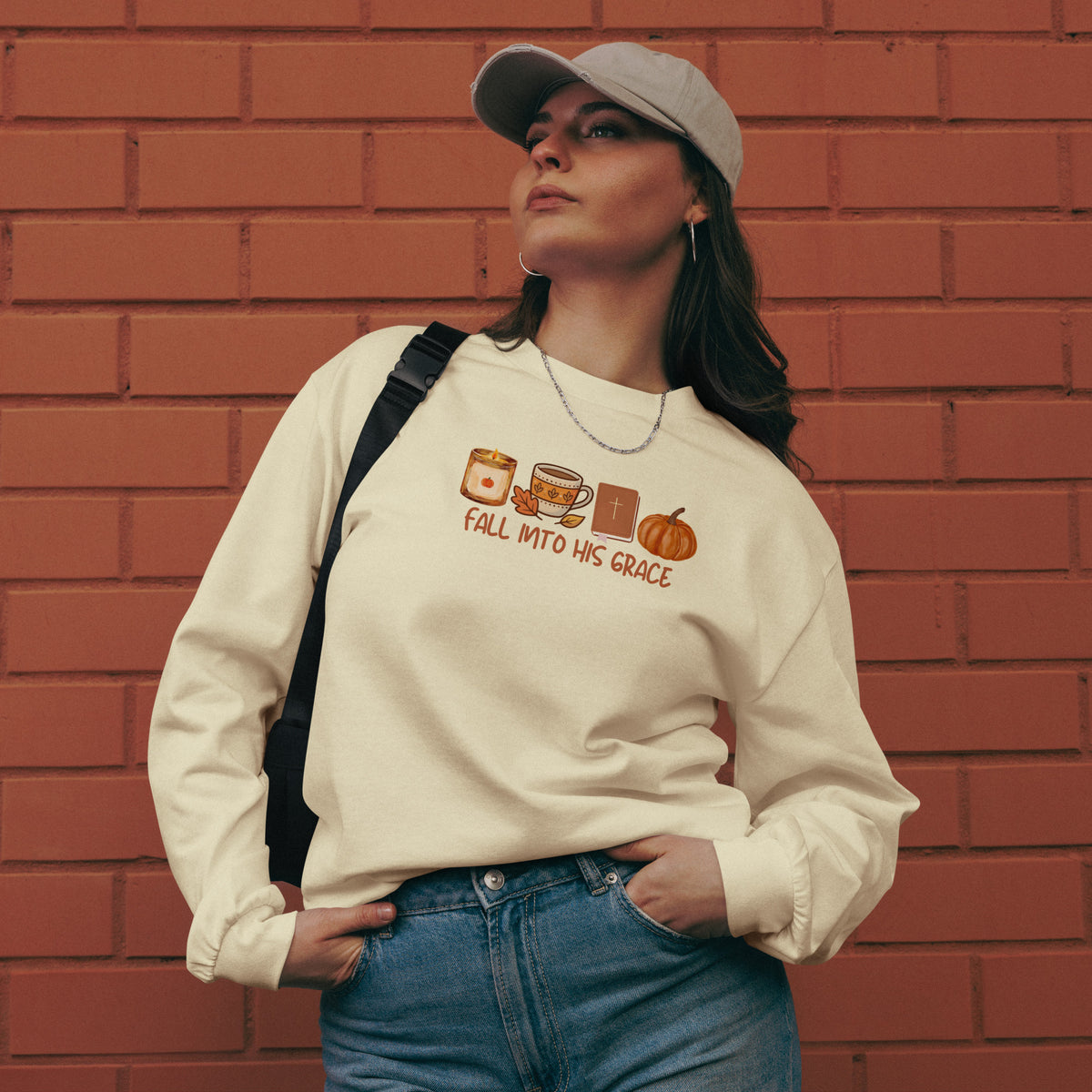 Fall Into His Grace Christian fall long sleeve shirt with Bible, coffee and pumpkin design