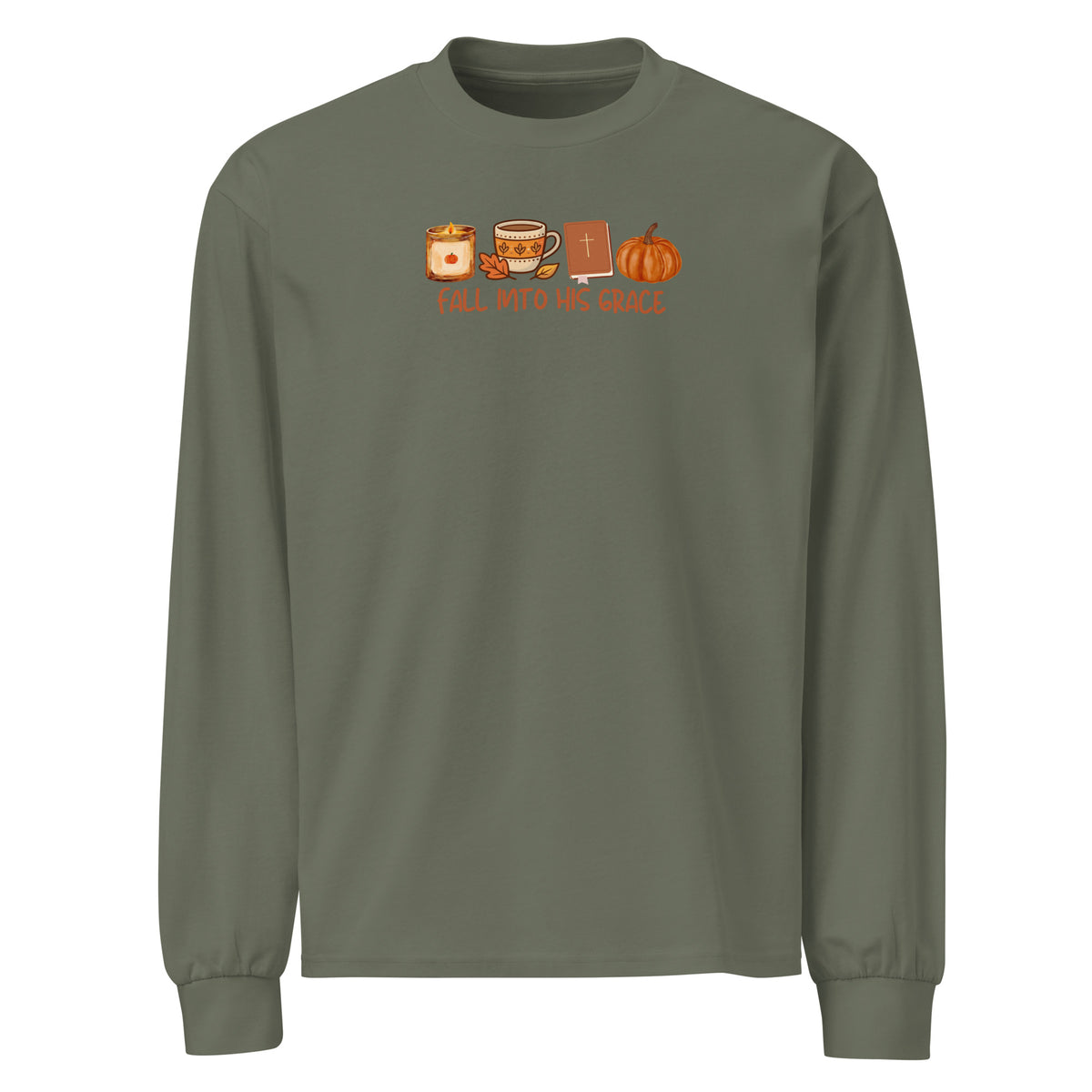 Fall Into His Grace Christian fall long sleeve shirt with Bible, coffee and pumpkin design