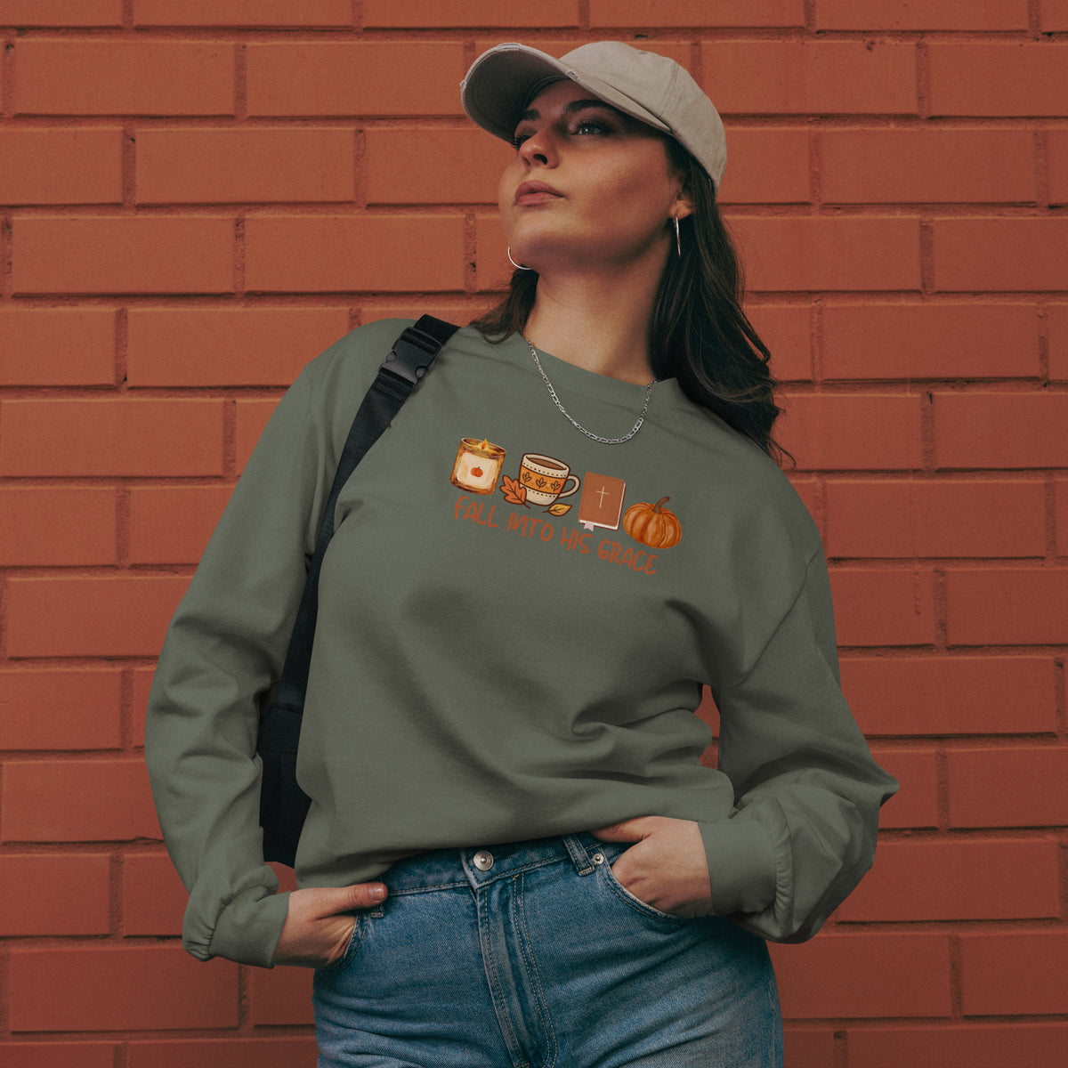 Fall Into His Grace Christian fall long sleeve shirt with Bible, coffee and pumpkin design