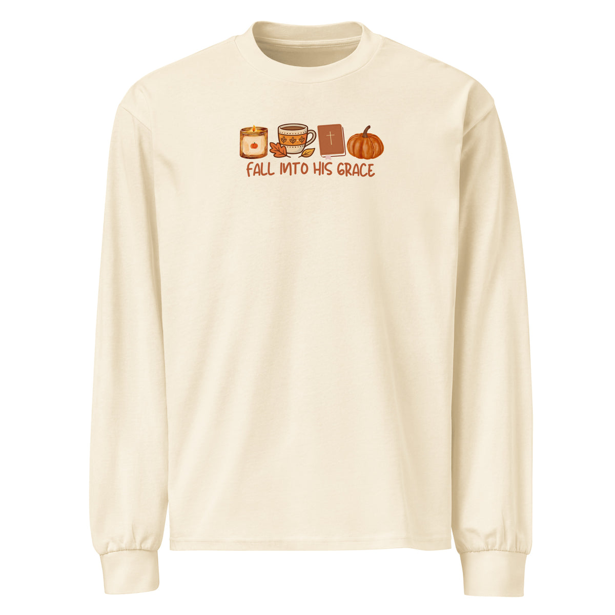 Fall Into His Grace Christian fall long sleeve shirt with Bible, coffee and pumpkin design