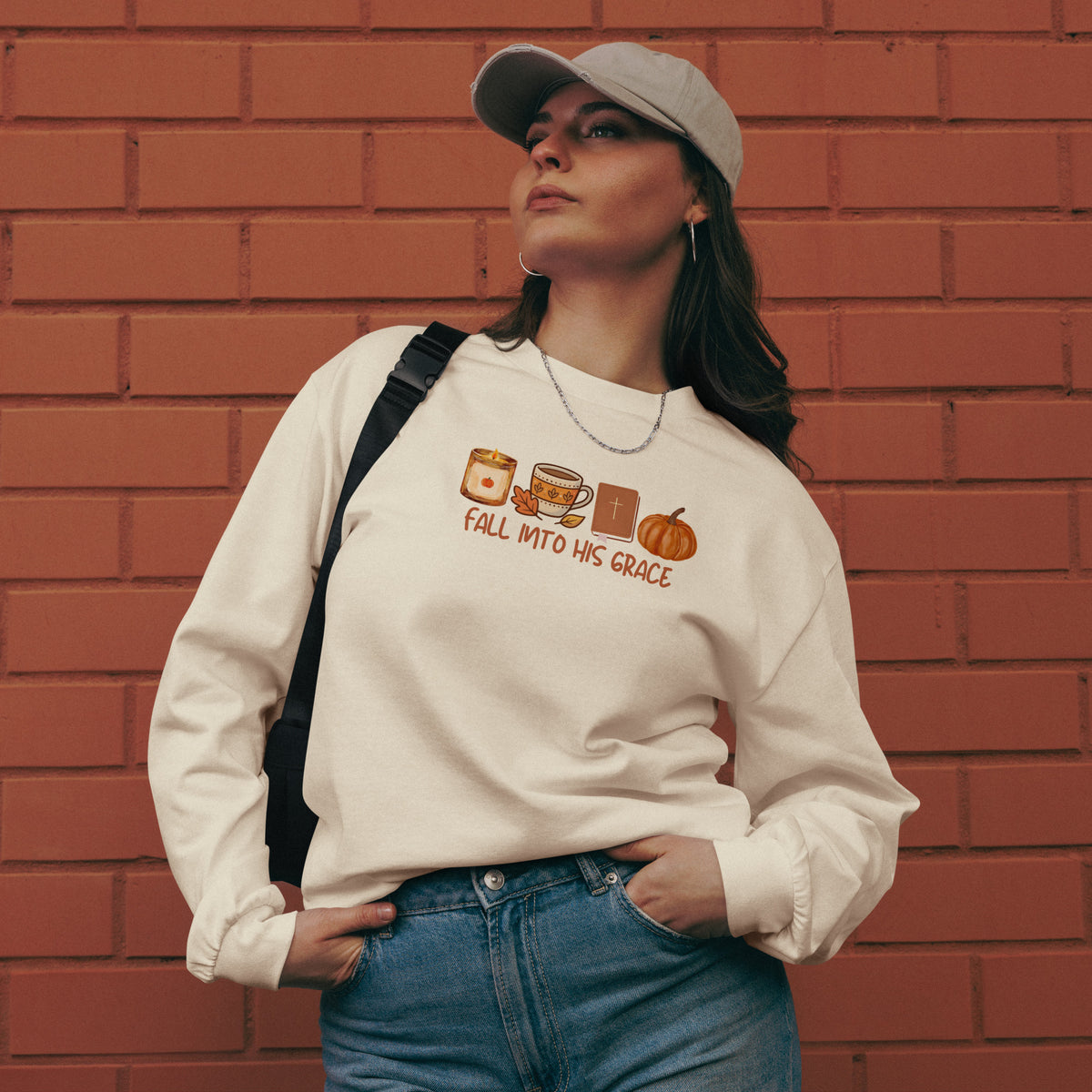 Fall Into His Grace Christian fall long sleeve shirt with Bible, coffee and pumpkin design