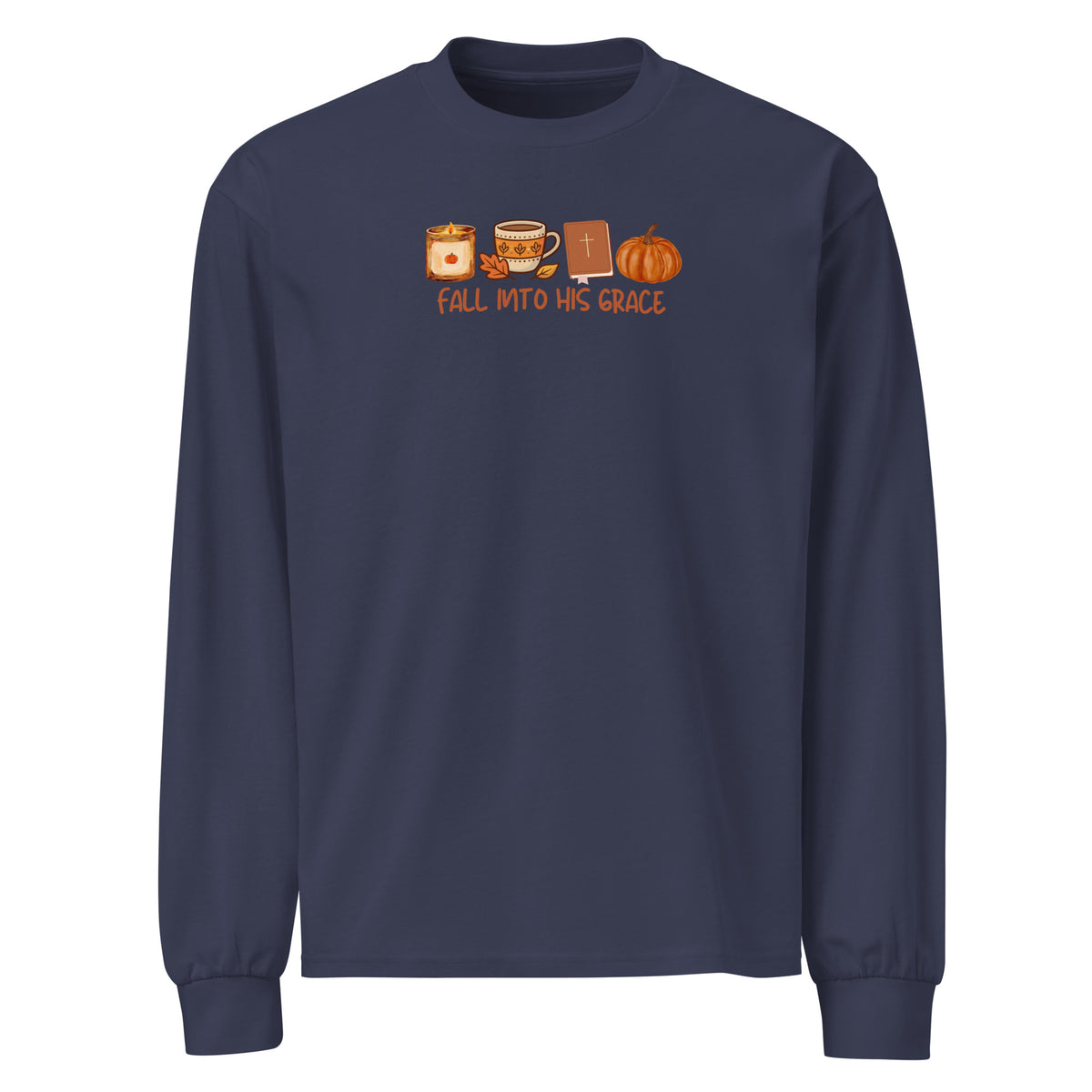 Fall Into His Grace Christian fall long sleeve shirt with Bible, coffee and pumpkin design