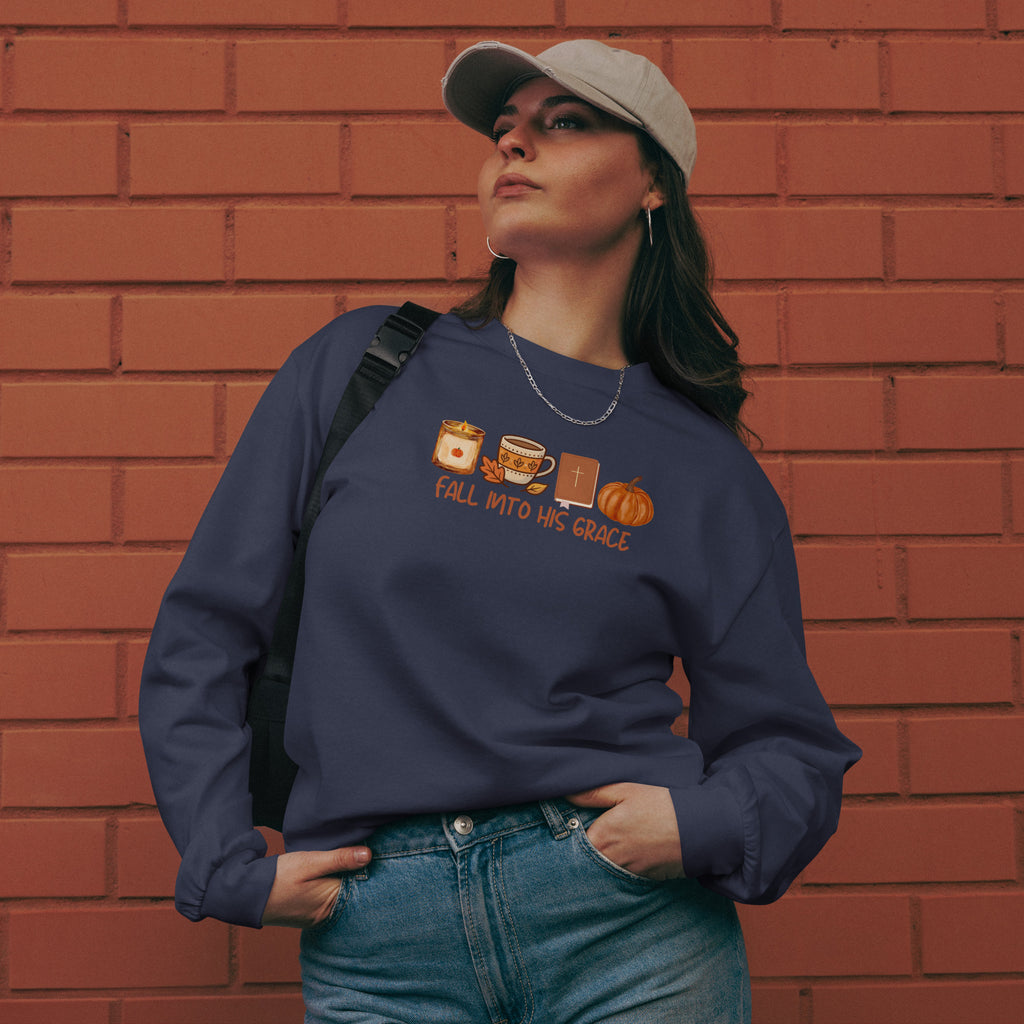Fall Into His Grace Christian fall long sleeve shirt with Bible, coffee and pumpkin design