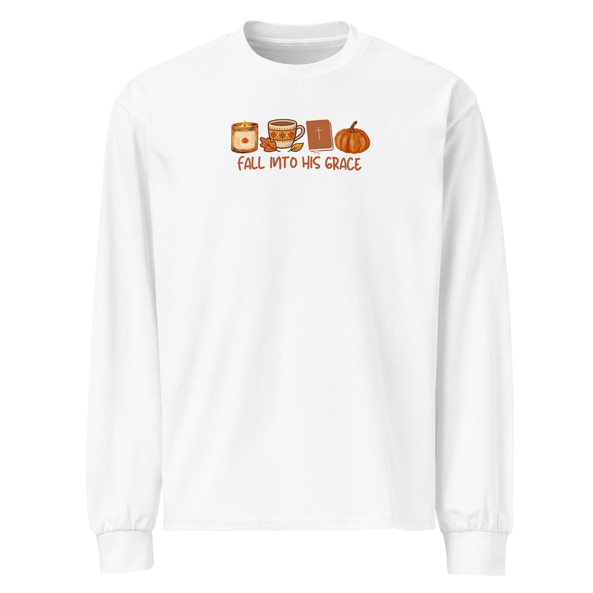 Fall Into His Grace Christian fall long sleeve shirt with Bible, coffee and pumpkin design