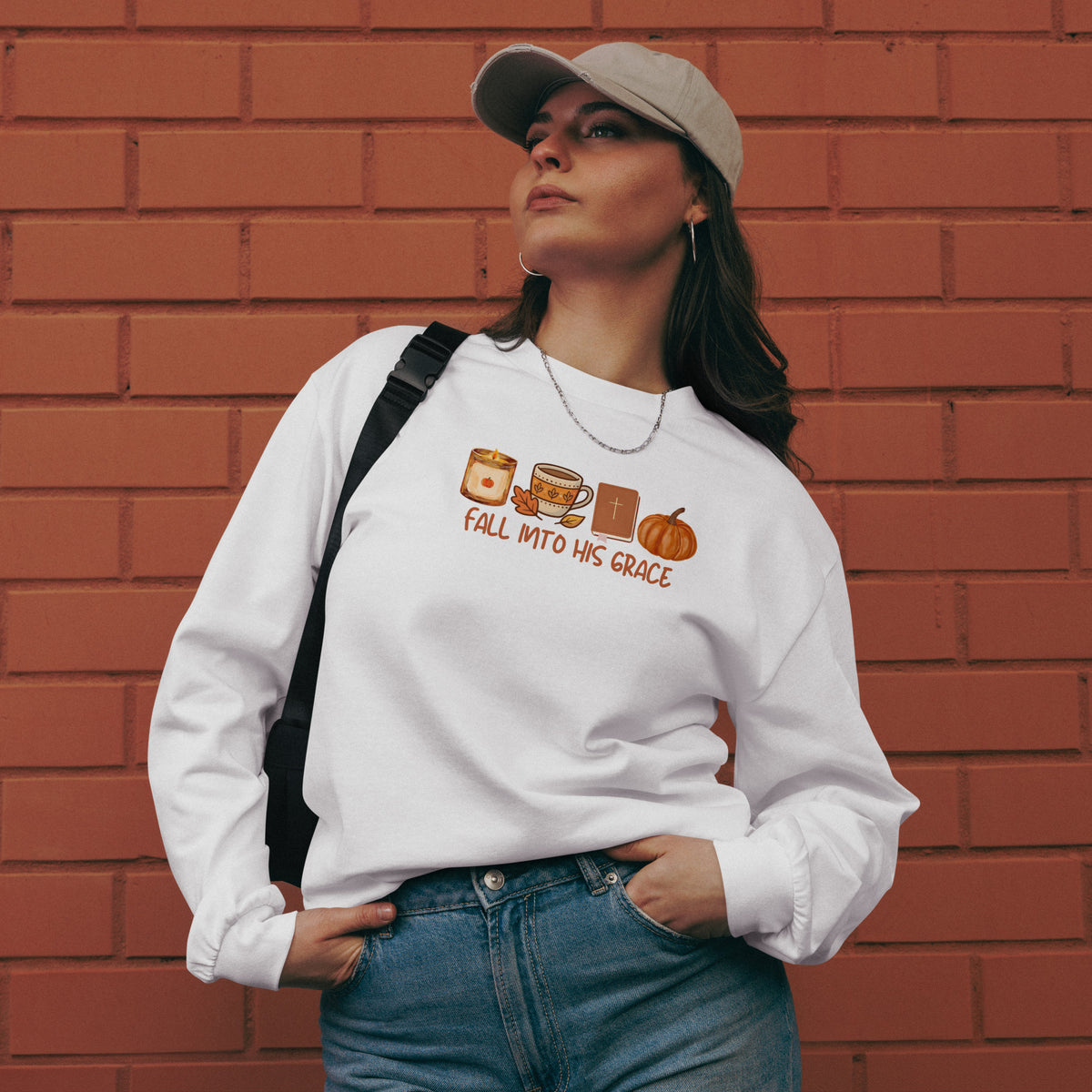 Fall Into His Grace Christian fall long sleeve shirt with Bible, coffee and pumpkin design