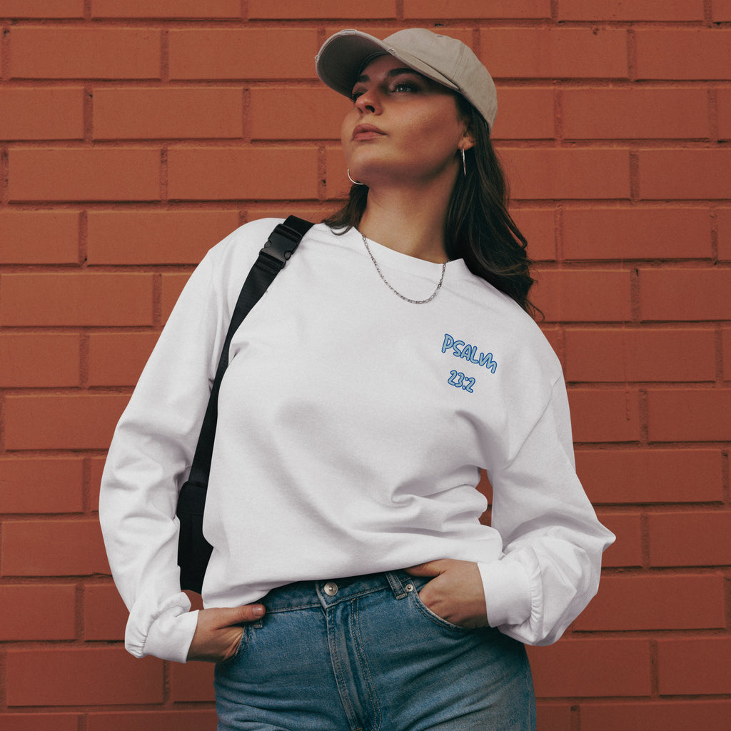 He Leads Me Beside Still Waters women’s Christian long sleeve shirt – Psalm 23:2 beach design