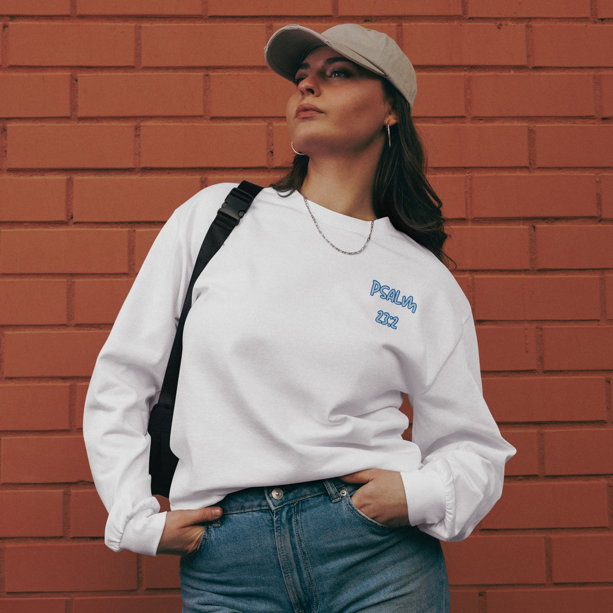 He Leads Me Beside Still Waters women’s Christian long sleeve shirt – Psalm 23:2 beach design