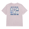 A light purple heathered t-shirt with a blue graphic print on the back. The print features the text 'EVEN THE WIND AND WAVES OBEY HIM' surrounding six nautical-themed postage stamp illustrations.