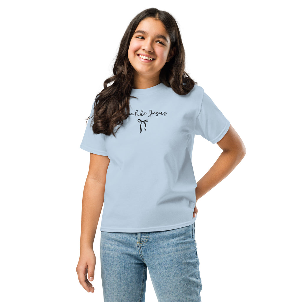 Youth blue Christian T-shirt with ‘Love Like Jesus’ script and black bow design