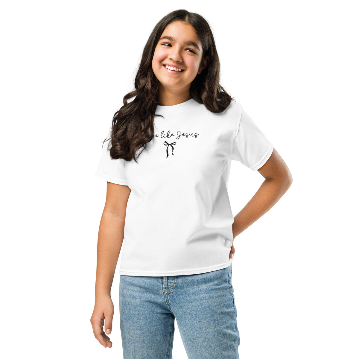 Youth white Christian T-shirt with ‘Love Like Jesus’ script and black bow design